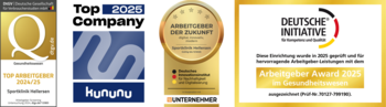 Drei Siegel auf einem Bild, Top Arbeitgeber 2024/25 Sportklinik Hellersen Deutsche Gesellschaft für Verbraucherstudien mbH, Top Company 2025 Kununu, Arbeitgeber der Zukunft Sportklinik Hellersen Deutsches Innovationsinstitut für Nachhaltigkeit und Digitalisierung